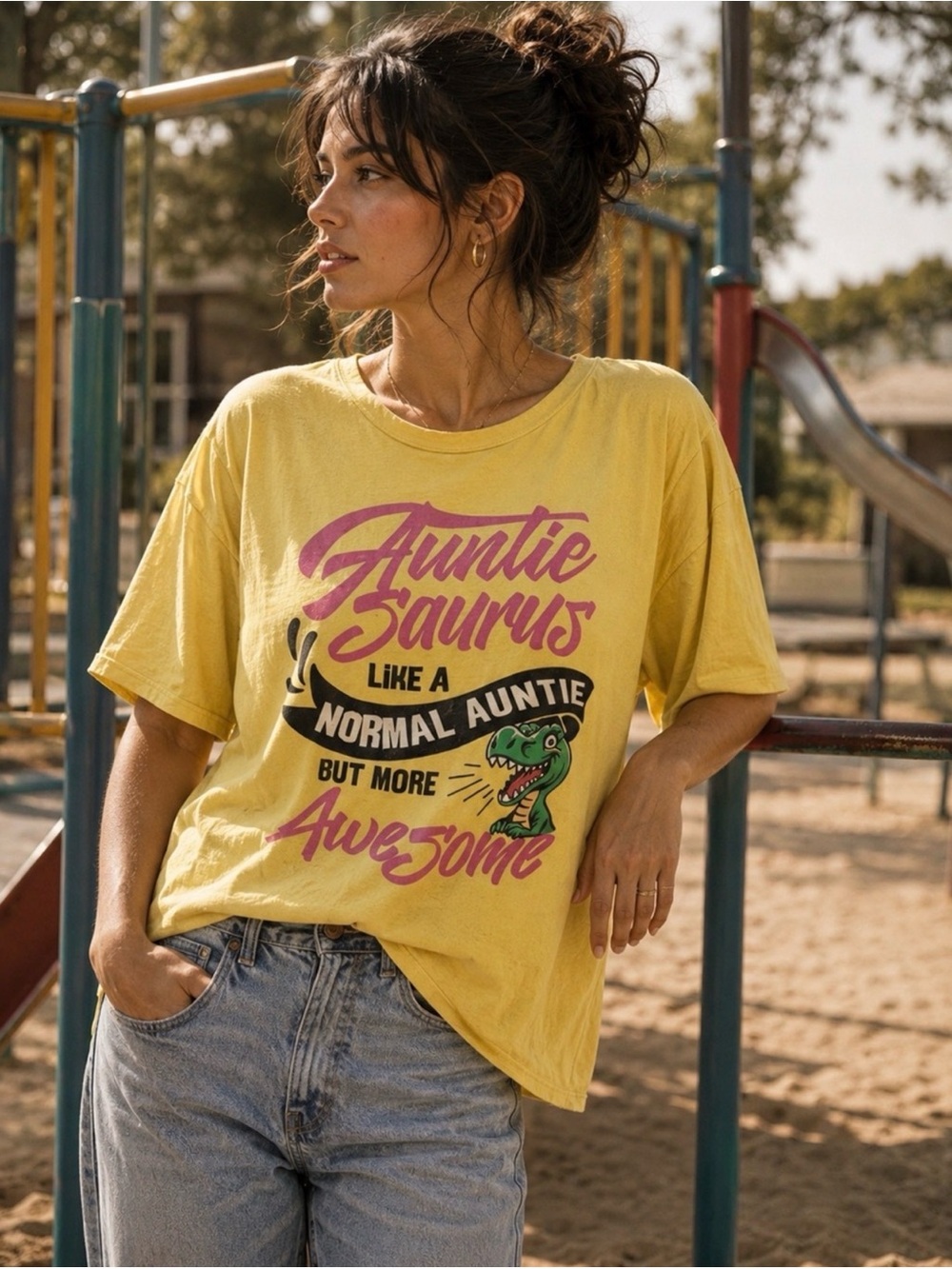 Vintage 90s Auntie SauRus Aunt Gift Tshirt tee yellow size 3xl